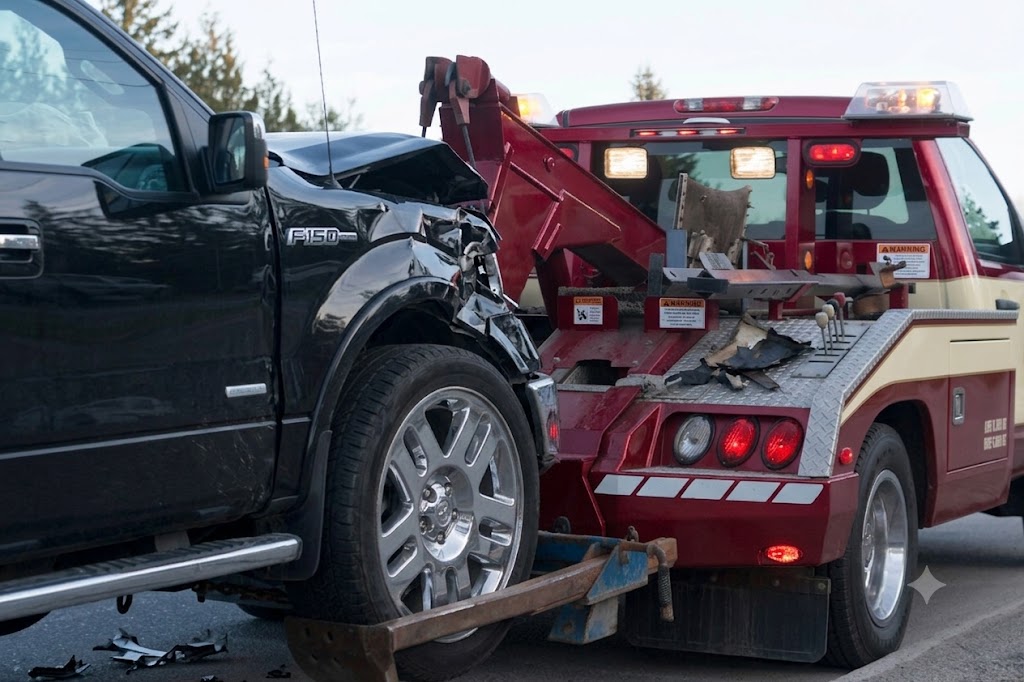 Tow truck hauling a damaged pickup truck